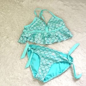 Justice mermaid bikini swimsuit metallic blue green teal 12 tween swim